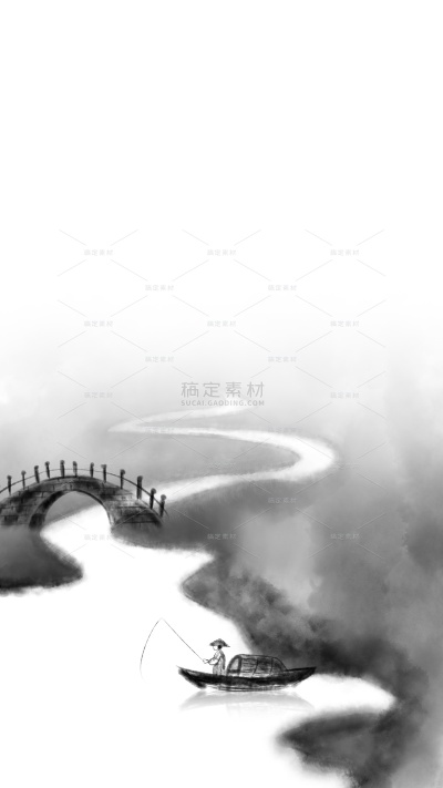 背景系列水墨河流桥船人肌理感留白背景