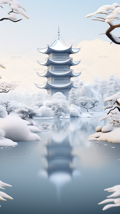 冬季冬天通用插画中国风中式古建筑自然山水积雪场景背景