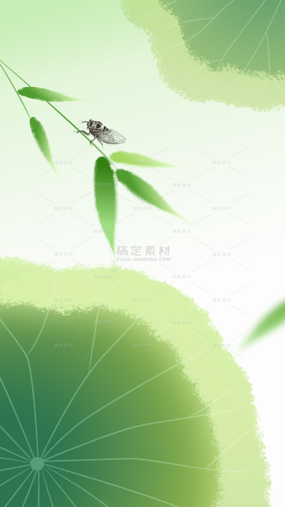 清新感渐变荷叶莲蓬蜻蜓蝉竹叶背景