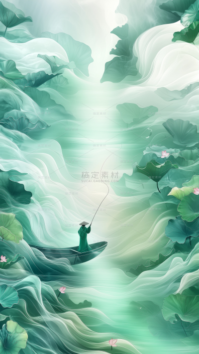 夏至清新感创意材质丝网山人物划船背景