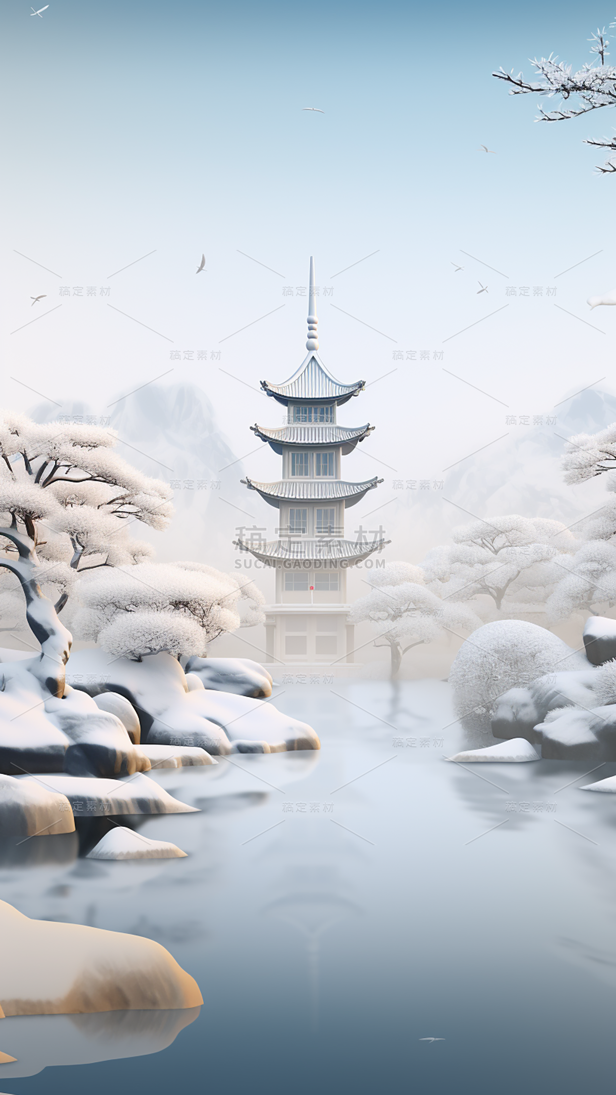 冬季冬天通用插画中国风中式古建筑自然山水积雪场景背景