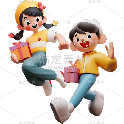 通用3D卡通感双人多人购物人物元素贴纸