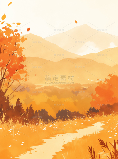 秋天系列插画秋天山水通用背景素材