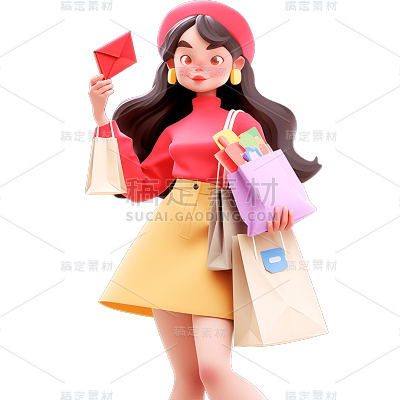 3D电商购物女孩人物贴纸