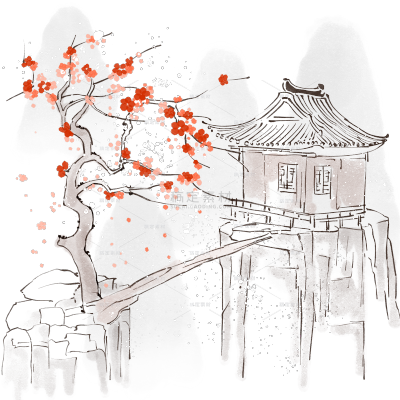 冬季节气国风凉亭腊梅雪景元素