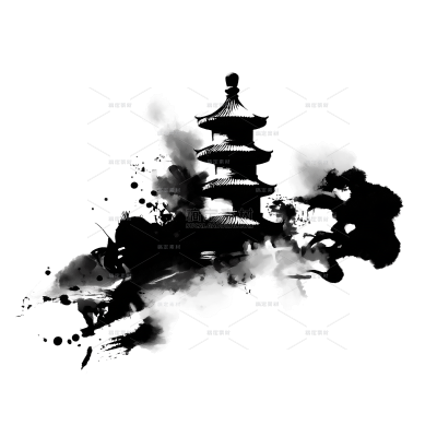 中国风毛笔黑色水墨画泼墨塔楼笔迹元素