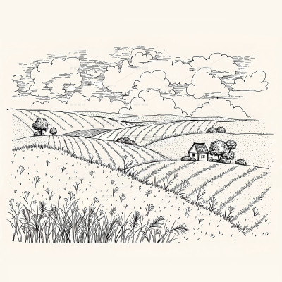 风光系列插画风乡村田野线稿插画（td）