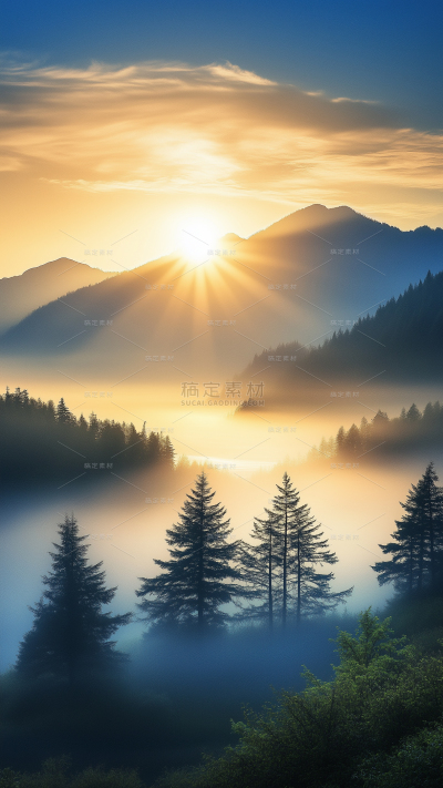 风光系列实景感远山云雾森林温暖日出背景