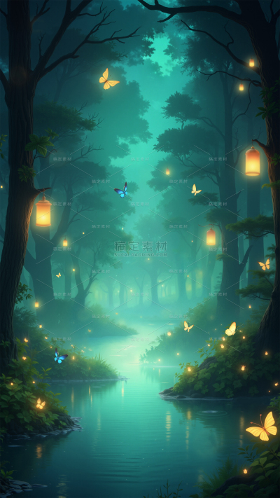 风光系列动漫感黑夜森林蝴蝶背景