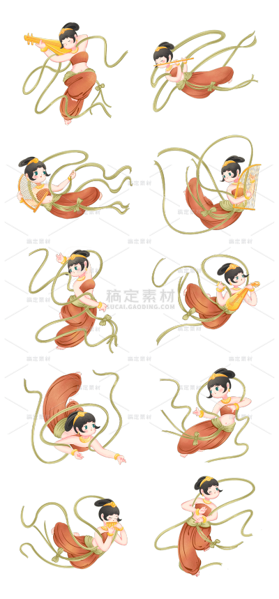 2309SC-素材组合-手绘-中国风Q版飞天仙女人物插画