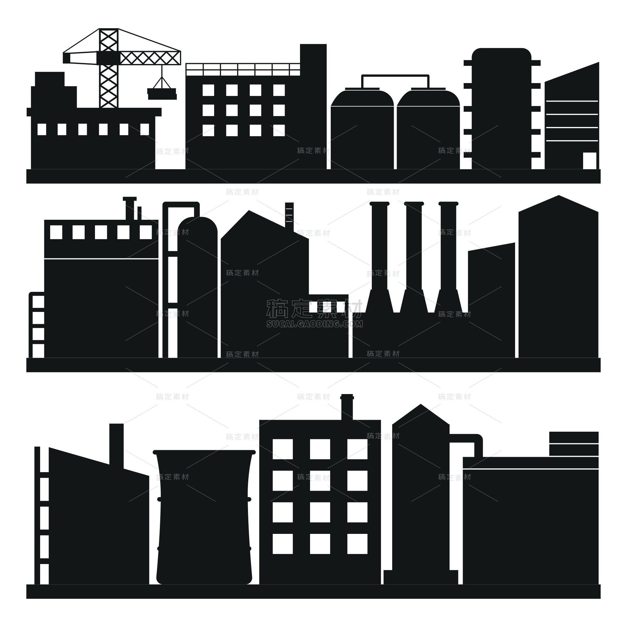 建筑系列通用工厂黑色轮廓剪影组合元素素材