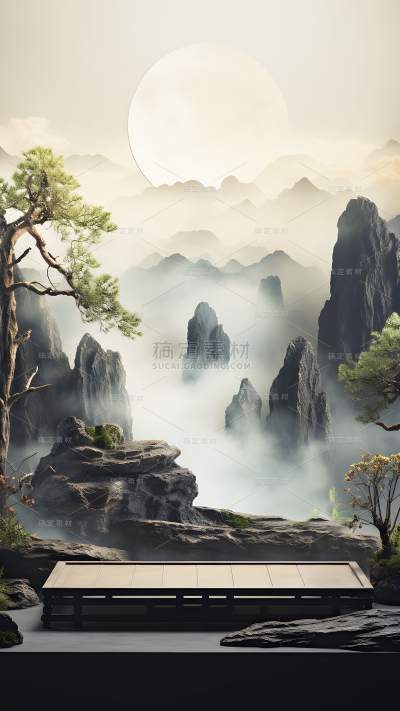 通用国风插画中式自然山树展台场景背景
