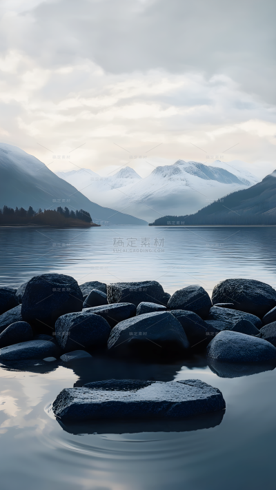 风光系列写实水边天空岩石展台背景