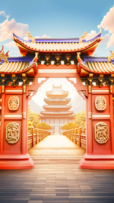 通用电商促销中国风中式3D立体C4D门框场景背景图片素材