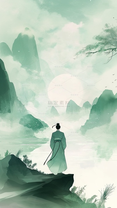 端午节国风水墨人物植物背景
