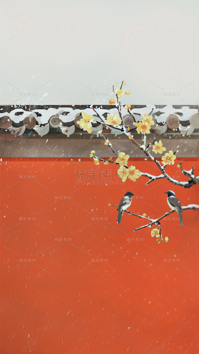 冬天中国风红墙插画腊梅背景