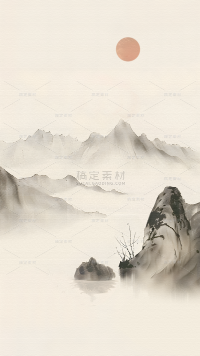 中国风通用山水背景黄褐色太阳水墨图片素材