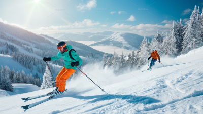 健身系列写实冬季雪山单人滑雪