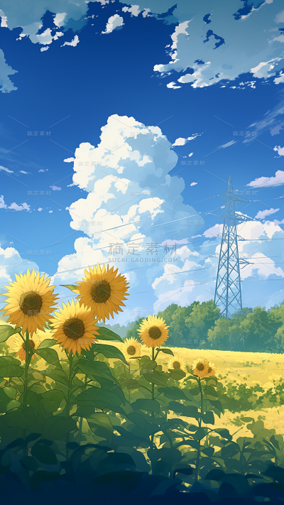 植物动漫风插画向日葵蓝天白云场景背景图片素材