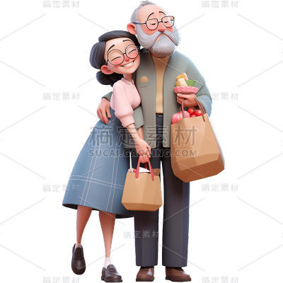 通用3D卡通感老人双人多人购物人物元素贴纸