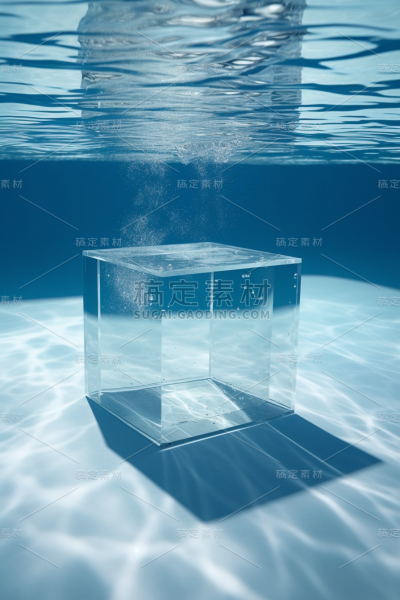 漂浮在水下的蓝色水池中的白纸，具有直线形式的风格，工业和产品设计，硬边画家，水晶芯，清晰的边缘定义，日光大师，玻璃作为材料