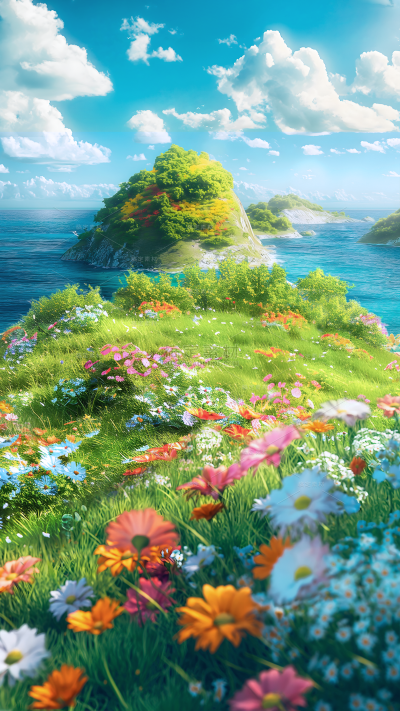 立春&春天卡通感海边山顶绿地花朵背景