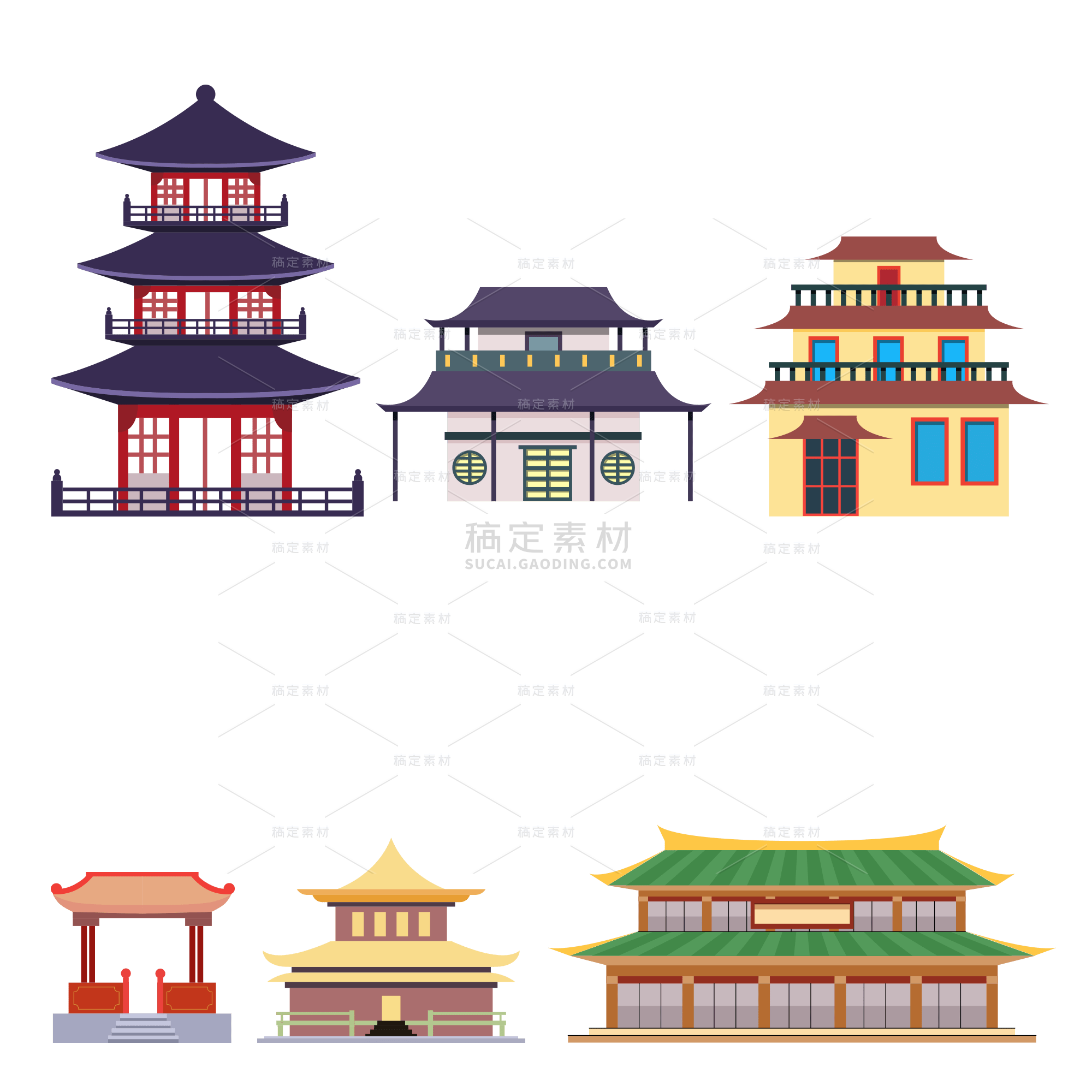 建筑系列通用中式庙宇大门和传统建筑组合元素