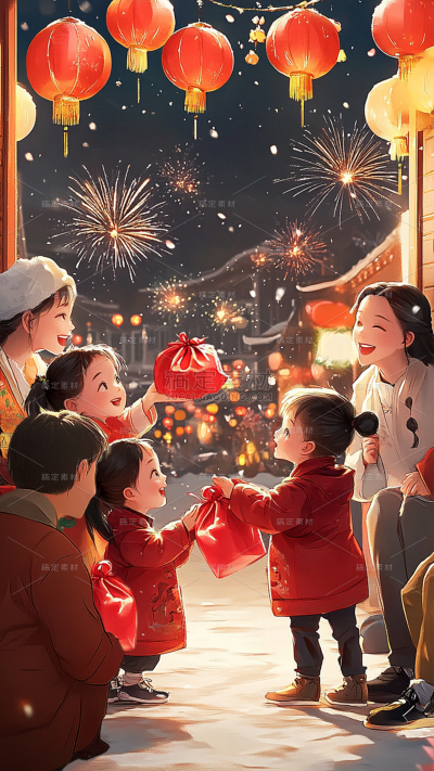 除夕&春节卡通插画新年拜年场景灯笼烟花福袋组合背景