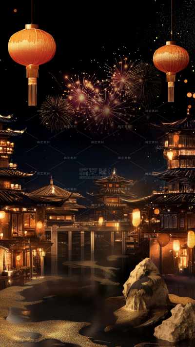 元宵节国风烟花夜景灯笼展台背景
