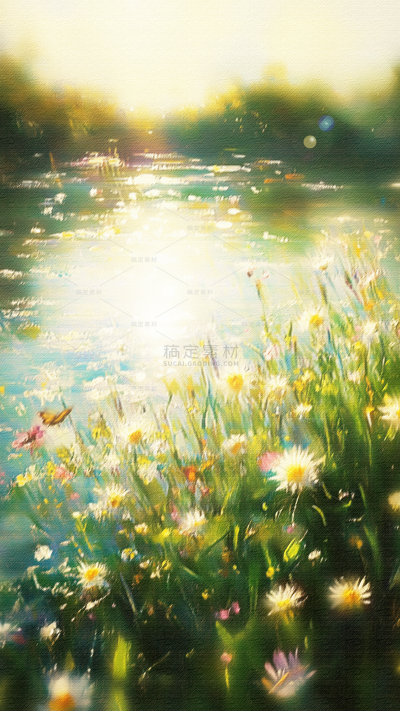 立春&春天油画花湖泊蝴蝶组合背景