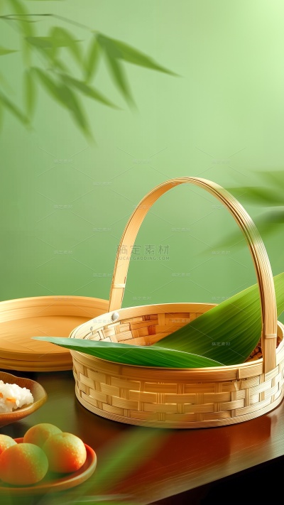 端午节实景感木桌木盘粽叶展台背景