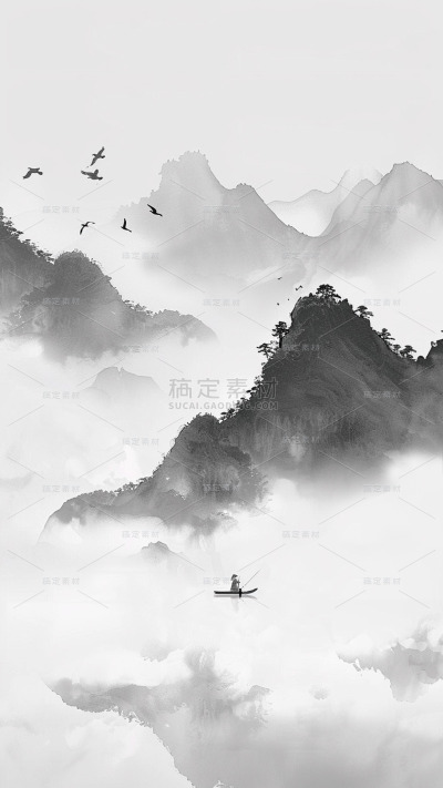 中国风通用墨色古风山水背景场景图片素材