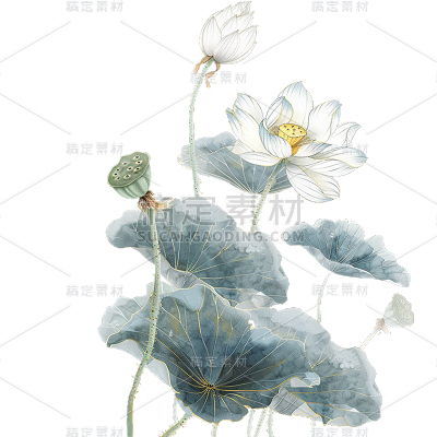 中国风通用金边工笔画荷花植物元素素材