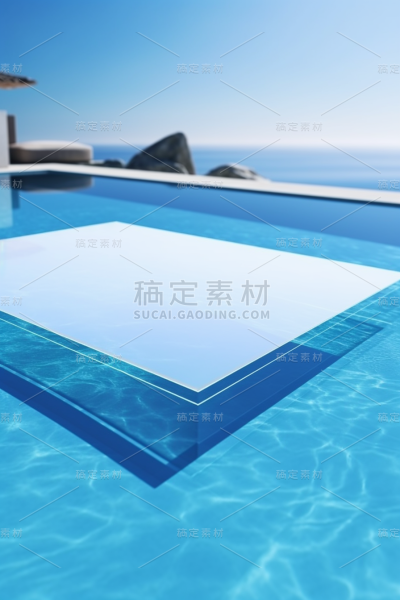 漂浮在水面上的白色大纸片，具有发光的三维物体、池心、高度抛光的表面、逼真的蓝天、环保的工艺、玻璃作为材料、直线形状
