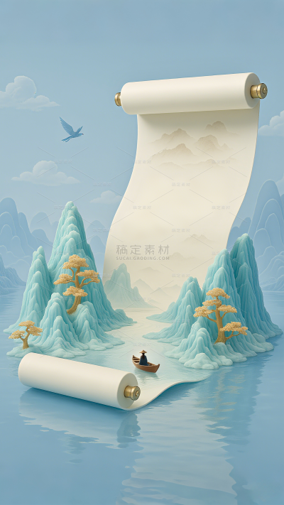 端午节国风3D山水卷轴场景背景