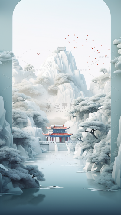 冬季冬天通用插画中国风中式古建筑自然山水积雪场景背景
