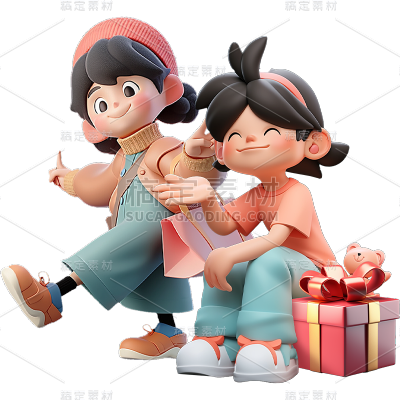 通用3D卡通感双人多人购物人物元素贴纸