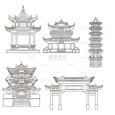 常规古风线条感中式建筑套系组合贴纸元素素材