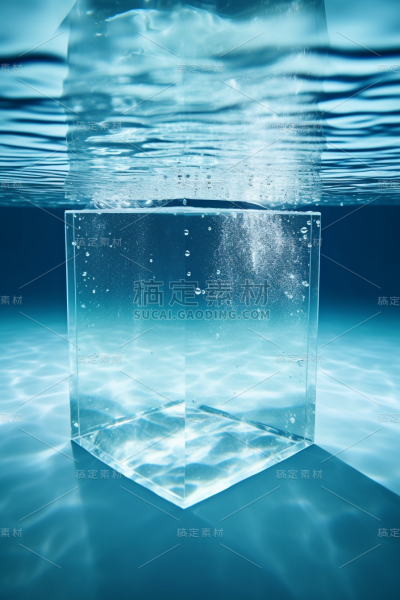 漂浮在水下的蓝色水池中的白纸，具有直线形式的风格，工业和产品设计，硬边画家，水晶芯，清晰的边缘定义，日光大师，玻璃作为材料