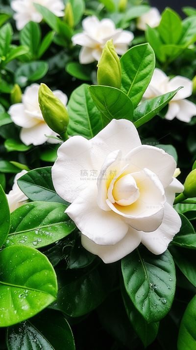 植物系列实景感多朵栀子花丛