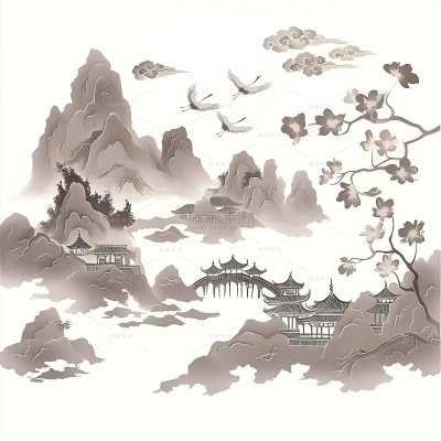 中国风系列插画风水墨山水祥云古建筑飞鸟插画（td）