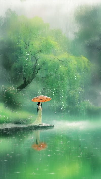 雨水国风水彩湖边柳树人物组合背景