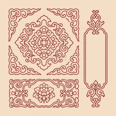 常规内容-中国风系列插画风红色传统曼陀罗装饰花纹组合
