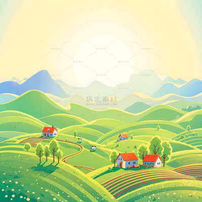 风光系列卡通风落日照耀田野插画（td）
