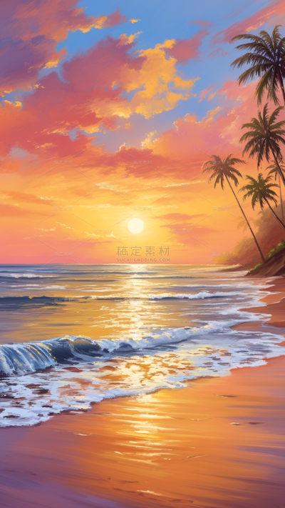 风光系列油画感夕阳海边沙滩帆船风景