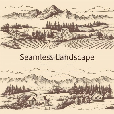 风光系列插画风乡村田野无缝景观线稿插画（td）