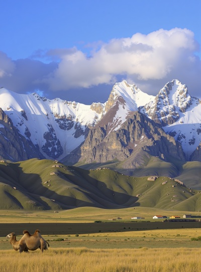 常规内容-风光系列实景感雪山草地骆驼背景