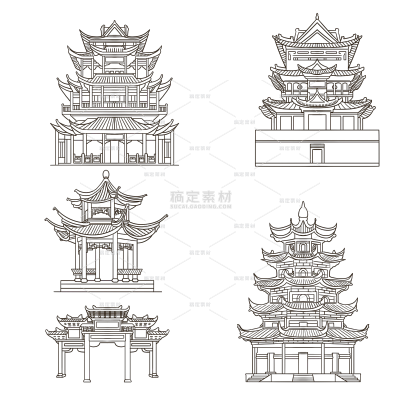通用古风中式建筑线条感套系组合贴纸元素素材
