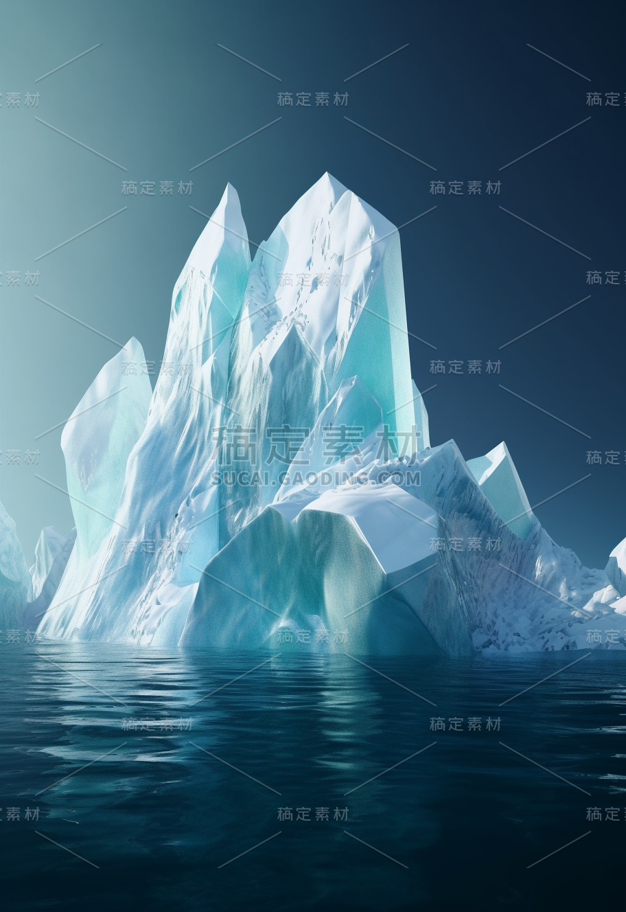 漂浮在水中的冰山，明亮的雕塑风格，清晰的平面设计，哑光绘画，特写，光线充足的构图，挪威的自然，大胆的色度