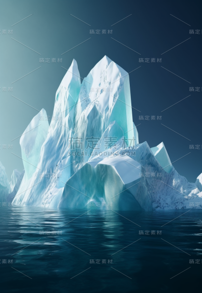 漂浮在水中的冰山，明亮的雕塑风格，清晰的平面设计，哑光绘画，特写，光线充足的构图，挪威的自然，大胆的色度